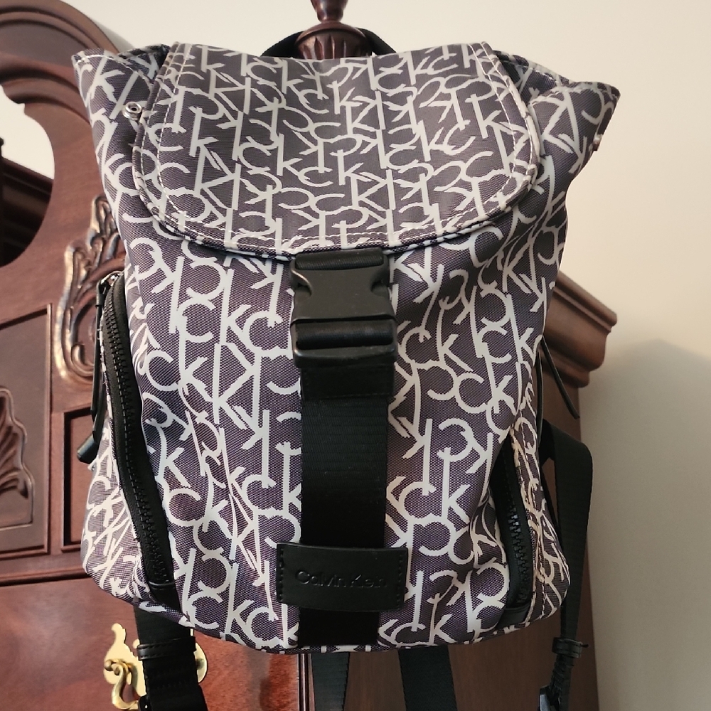 Calvin Klein Signature Logo Backpack Purse With Black Straps
